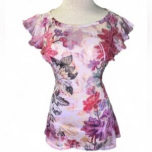 Y2K Print Pink and purple floral print short sleeve ruffle top
